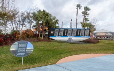 The countdown clock that was at the Kennedy Space Center media area for many years now sits outside of the Visitors Center