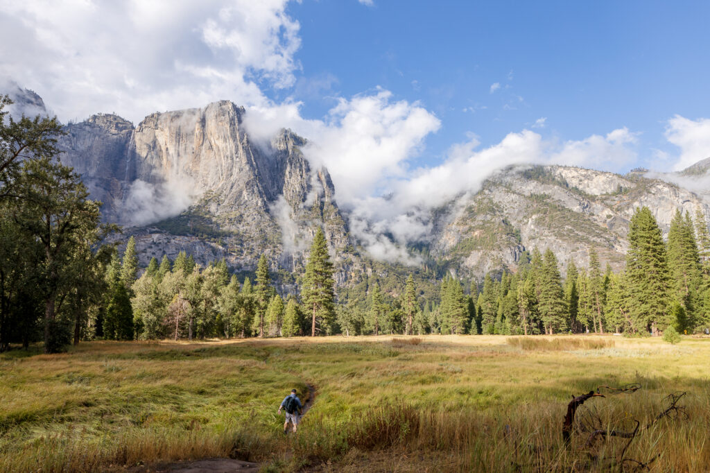 A dramatic day of cloudy and rainy skies over Yosemite Valley