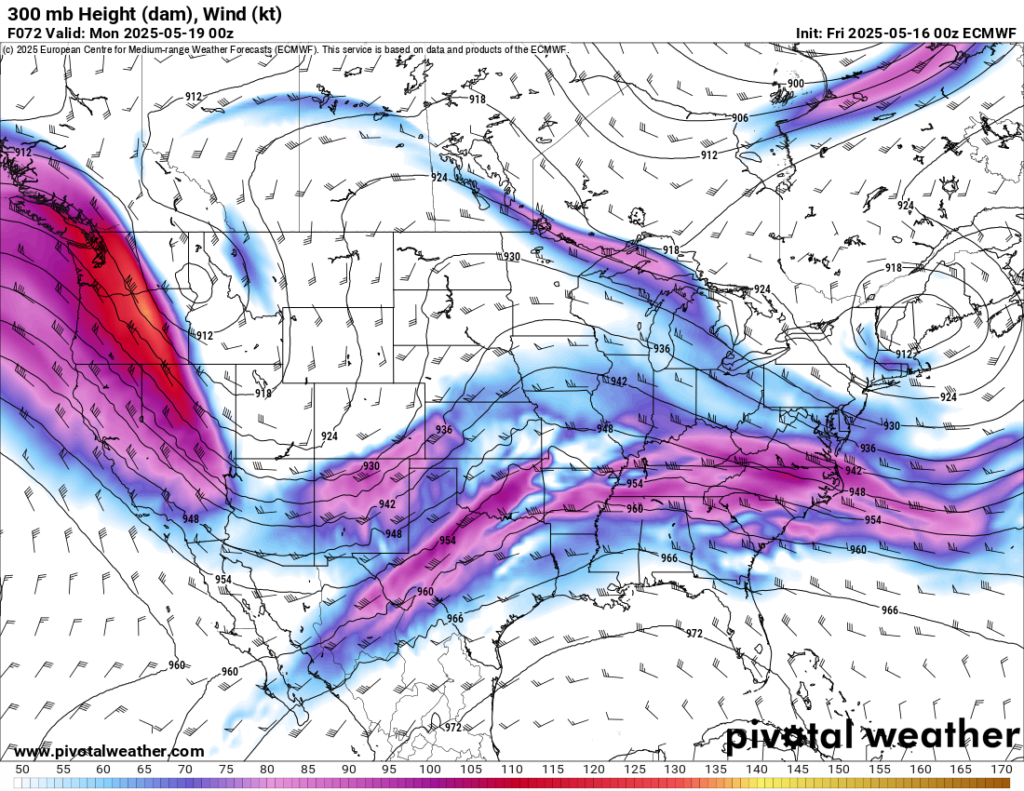 ECMWF 300mb chart from 00Z Run on 2025-05-16 - Forecast Hour 72 - Valid at 7pm May 18